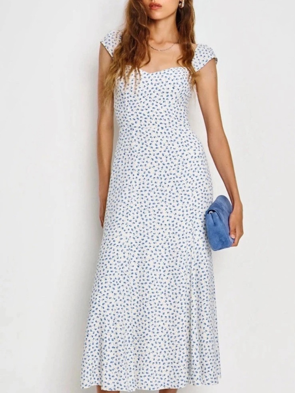 Reformation Hanna Dress Floral Maxi Dress in White & Blue Size 8 NWT
